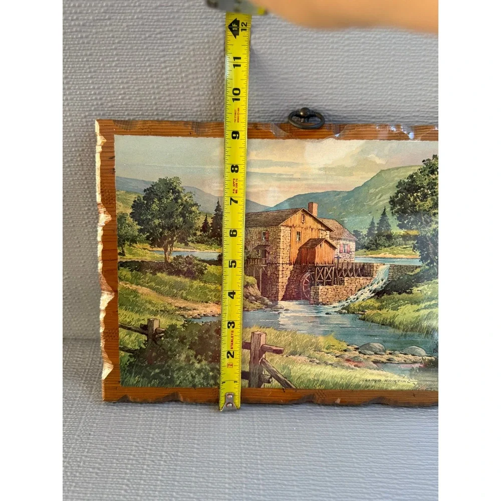 Vintage Lloyd Harting Wood Plaque Water Mill Landscape Art Chas E Lusk MFG CO